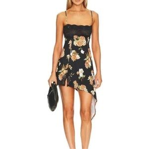 LACE ASYMMETRICAL SLIP DRESS IN BLACK,MULTI